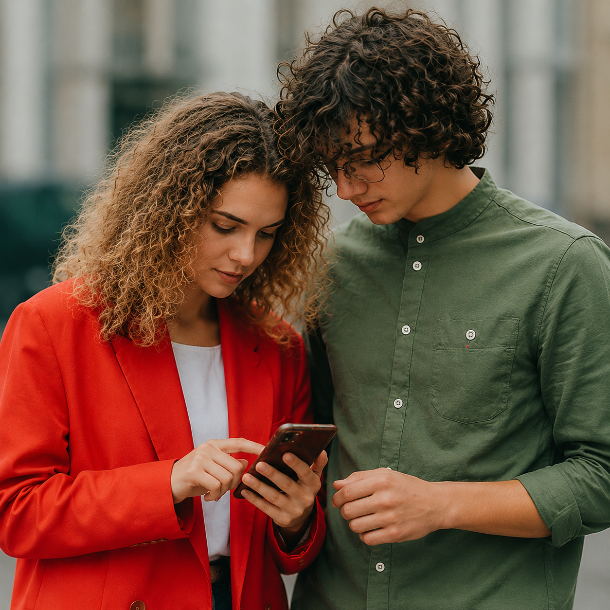 a girl showing a boy the LingUp app on her phone screen